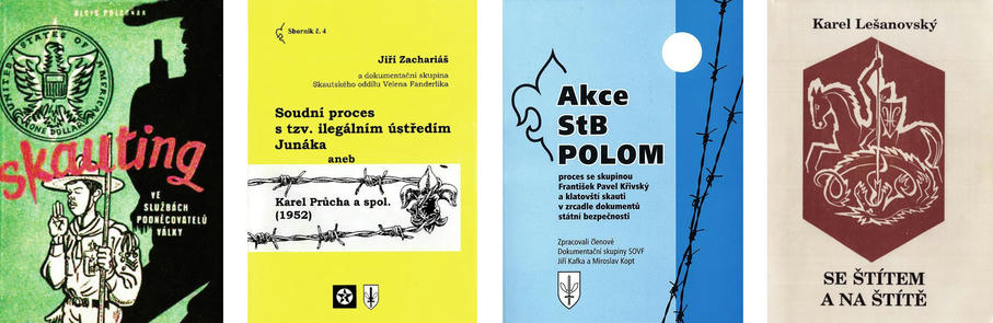 Publikace komunistické propagandy (1953) versus tři publikace o dějinách skautingu v době komunismu<br> (2005, 2008, 2000) | foto: archiv Jiřího Zachariáše